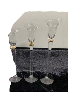 Set of 3 Long Stemmed Fluted Glass Candlestick Holders 9 5/8", 10 3/8" & 11" - Picture 1 of 10