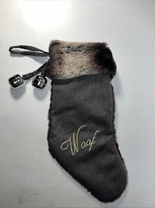 Embroidered Brown Tweed / Faux Fur Dog “Woof” Christmas Stocking (14”) - Picture 1 of 2