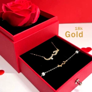 18K Real Yellow Solid Gold Love( حب ) 'Charms 'Link 'Chain Womens, Jewelry Set. - Picture 1 of 2