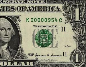 1999 $1 Federal Reserve Note Low 3 digit Serial Number Dallas K00000954C PMG65 - Picture 1 of 4