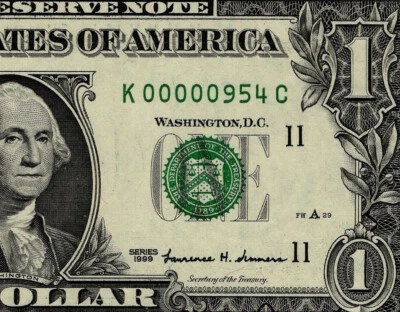 1999 $1 Federal Reserve Note Low 3 digit Serial Number Dallas K00000954C PMG65 - Image 1 of 4