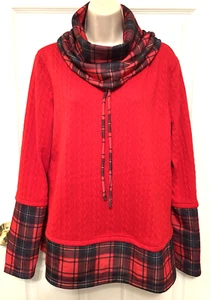 Women's Tunic Sweater Size L Red Plaid Cable Knit Waterfall Neck Pullover Top - Picture 1 of 7