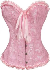 Gothic Floral Lace Satin Overbust Corset L, Pink
