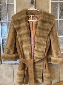 VTG London Leathers LILLI ANN Faux Fur Coat Suede Detail Tie Waist Brown Tan S - Picture 1 of 7