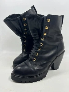 MARC JACOBS Boots Womens 41 Leather Fur Lined Ankle Bootie Lace Up Black Italy - Picture 1 of 13