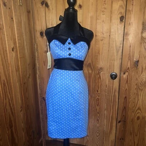 GRACE KAREN Blue/White Polkadot Rockabilly Black Ribbon Dress Sz 8 - Picture 1 of 12