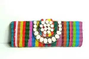 WOVEN FABRIC CLUTCH HANDBAG BEADED HANDLE - Picture 1 of 2