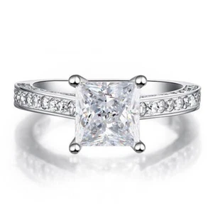 2ct Dvvs1 Princess Cut Diamond Solitaire Engagement Ring In 14k White Gold Over - Picture 1 of 7