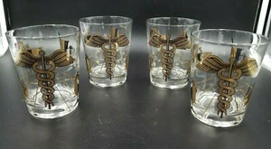 VTG SET OF 4 DOUBLE HIGHBALL GLASSES CADUCEUS MEDICAL PHARMACY MOTIF*2 AVAIL 39 - Picture 1 of 7