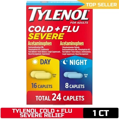 Tylenol Resfriado + Gripe Severo Día y Noche Comprimidos 24 ct-Fiebre, Dolor, Tos y Congestión Foto 1 de 4