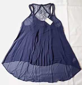 Anthropologie Doe & Rae NAVY Tank Top Blouse Boho Tunic SZ L Braid Lace Pleated - Picture 1 of 4