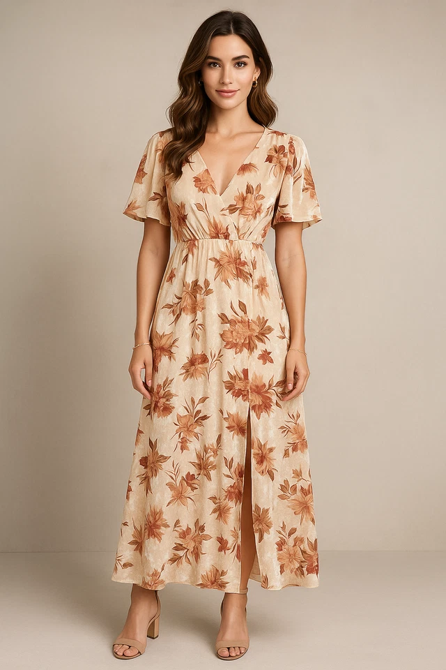 Maxi Vestido para Mujer Baltic Born S Beige Floral Terciopelo Aplastado Burnout Invitada de Boda Foto 1 de 4