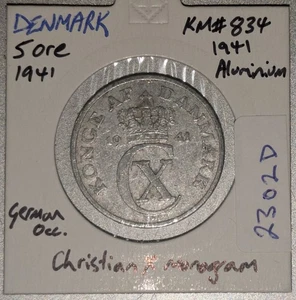 1941 Denmark, 5 Ore Aluminium F KM#834, Christian X, German Occupation (2302D) - Picture 1 of 2