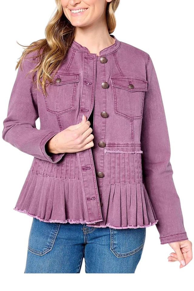 LOGO by LoriGoldstein Women's Twill Jacket w/Pleated Peplum Blk Cherry - Image 1 of 1