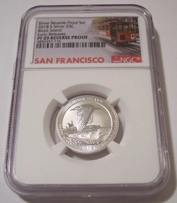 NGC 2018 S Silver Block Island NP Quarter Reverse Proof PF69 ER Trolley Label - Image 1 of 2