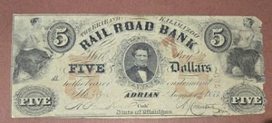 1853 THE ERIE AND KALAMAZOO RAILROAD BANK $5 - STATE OF MICHIGAN BANKNOTE - Picture 1 of 3