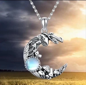 Collar Piedra Luna Luna y Setas Colgante Cadena Tono Plateado + Bolsa de Viaje Nuevo - Imagen 1 de 7