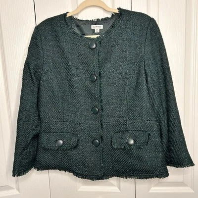 Joan Rivers Women’s Green Fringe Trim Big Button Blazer Jacket Lined Size 14 - Image 1 of 4
