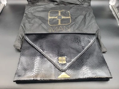 NOVA BOLSA DE MÃO IMAN preta couro envernizado estampa de pele de cobra XL 15"x10" - Imagem 1 de 4