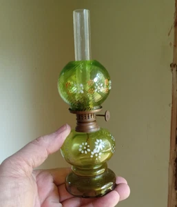 1890s RARE GREEN PANEL OPTIC MINIATURE OIL LAMP W/ENAMEL FLOWERS MATCHING SHADE - Picture 1 of 10