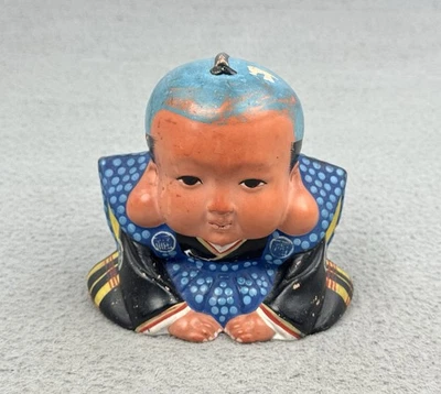 Japanese Fukusuke Doll Good Fortune Statue Pottery Clay Vintage - Image 1 of 4