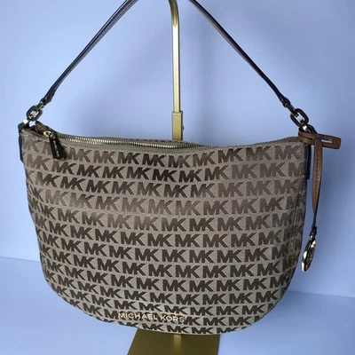 Michael Kors Tan Canvas Bag Hobo Shoulder Bedford Top Zip MK Logo Leather Accent - Image 1 of 4