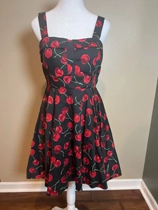 VGT Ixia Cherry Print Dress Black Red Cherries Rockabilly Pinup Retro Lg - Picture 1 of 5
