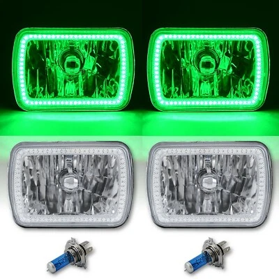 7X6" Green SMD LED Halo Angel Eye Clear Headlight 55/60W Halogen Light Bulb Pair - Image 1 of 4