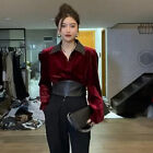 Lady Velvet Shirt PU Leather Stitching Top Blouse Lapel Pullover Long Sleeve Top