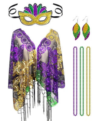 Mardi Gras Shawl Scarf Costume Outfit for Women Mask Earrings Beads Accessories - Image 1 of 4