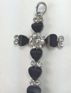 Cross Pendant Charm Black Glass Rhinestone Heart Shape Silver Tone 2.5 In. - Picture 1 of 9