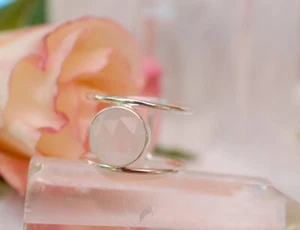 Double Band  Rose Quartz Gemstone 925 Sterling Silver Rings For Women Stackable - Picture 1 of 10