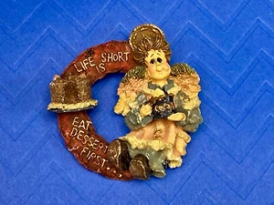 LIFE IS SHORT, EAT DESSERT FIRST Vintage Ceramic Brooch Pin Woman Eating Cake - Picture 1 of 5