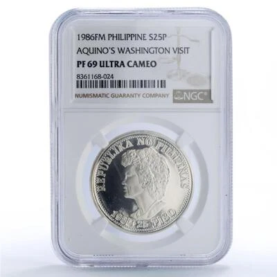 Philippines 25 piso Reagan Aquino Visit Politics PF69 NGC silver coin 1986 - Image 1 of 4