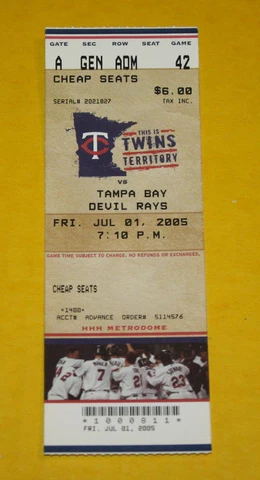Minnesota Twins Ticket Stub | July 1 2005 | Torii Hunter Justin Morneau Hit Cover