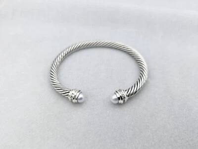 Pulsera clásica David Yurman 5 mm cable plata perlas y diamantes talla mediana Foto 1 de 4