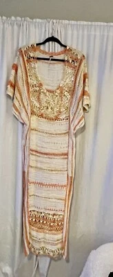 FREE PEOPLE Sunflare Combo Crochet Kaftán Midi SUÉTER Cubrir VESTIDO L Foto 1 de 4