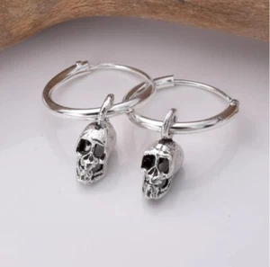 Orecchini a cerchio teschio argento sterling 925 cerchi punk gotici - Foto 1 di 2