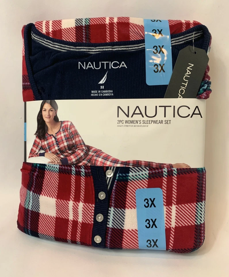NAUTICA Womens Size 3-Piece Red Plaid Silky Stretch Micro-Fleece Pajamas Set
