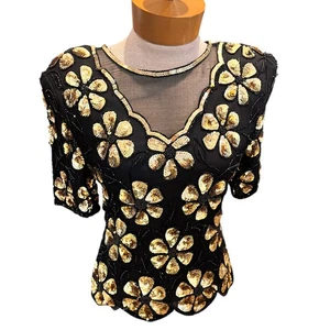 Blusa vintage StEnay talla S para mujer lentejuelas seda floral dorada negra  - Imagen 1 de 8