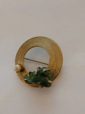 Золотой тонированный круглый модный костюм брошь заколка зеленый камень белый бусина акценты - Изображение 1 из 4
