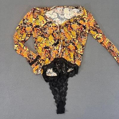 Intimately Free People Heatwave Bodysuit Midnight Combo Orange Size S Floral LS - Image 1 of 4