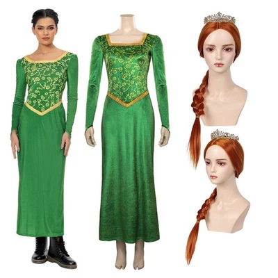 Shrek Princess Fiona Costume Cosplay Halloween Party Outfits Dress+Headband+Wigs