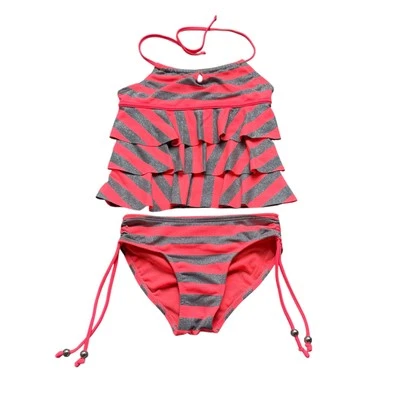 Girls 7 Justice Neon Pink Silver Glitter Stripe Ruffle Halter Tankini Bikini Set - Image 1 of 2