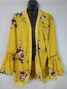 Umgee USA Women’s Size Large Mustard Yellow Floral Kimono Duster Open Front Boho - Picture 1 of 14