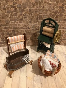 Dolls House 1/12 Scale Miniature Laundry Washing Set Mangle Tub Basket Airer - Picture 1 of 6