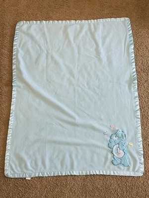 Vintage Care Bears Bedtime Bear Blue Fleece Baby Blanket Satin 2005  - Image 1 of 4