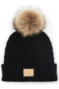C.C Exclusive Kids Diagonal Stripes Criss Cross Cable Knit Soft Pom Beanie Hat - Picture 1 of 10