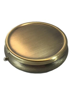 Brass Vintage Small Daily Medication Pill Box Pocket Travel Organizer Case-Round - Image 1 of 3