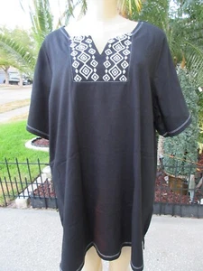Denim & Co 3X Black Embroidered Tunic Top Short Sleeve Cotton Blend Geometric - Picture 1 of 7